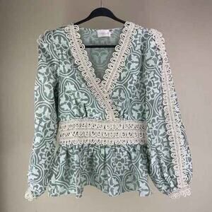 CHAMPAGNE & STRAWBERRY elegant blouse in green tones and ivory -SZ XS NWTs